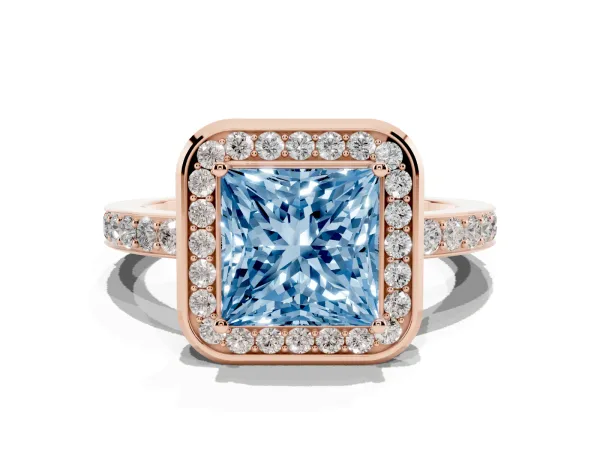 Fancy Blue Princess Cut Diamond Halo Ring with Bezel Frame and Pavé Band Rose gold