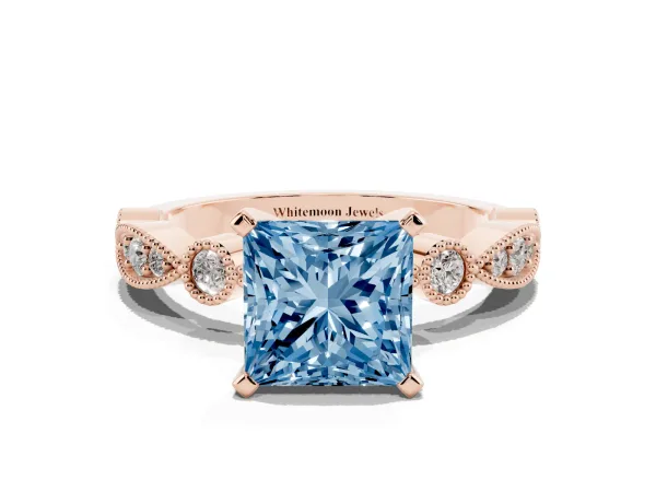 Fancy Blue Princess Cut Milgrain Bezel Diamond Engagement Ring with Solitaire Prong Setting Rose gold