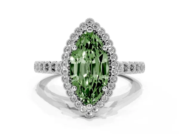 Fancy Green Marquise Cut Cut Halo Pavé Solitaire Ring with Milgrain Band Platinum