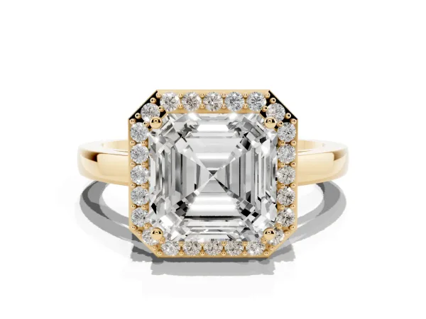 Asscher Cut Halo Diamond Ring with Solitaire Band and Prong Setting Yellow gold