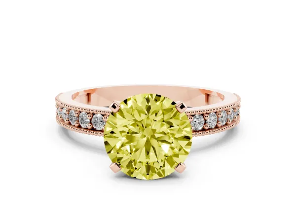 Fancy Yellow Round Cut Diamond Milgrain Pavé Engagement Ring with Four-Prong Setting Rose gold