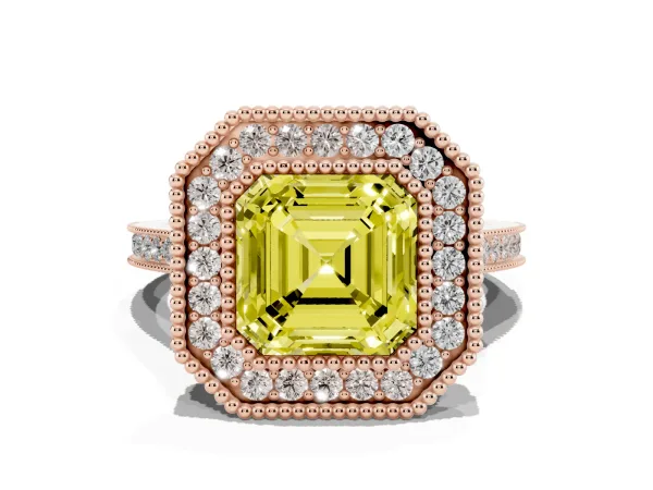 Fancy Yellow Asscher Cut Diamond Halo Ring with Milgrain Frame and Pavé Band Rose gold