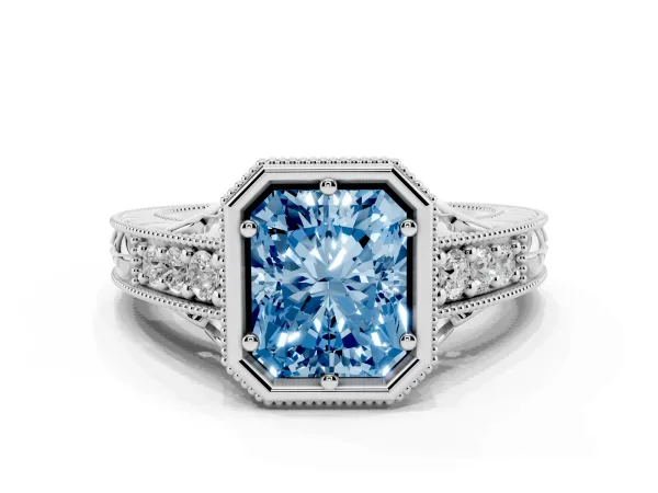 Fancy Blue Bezel Set Radiant Cut Diamond Milgrain Pave Engagement Ring Platinum