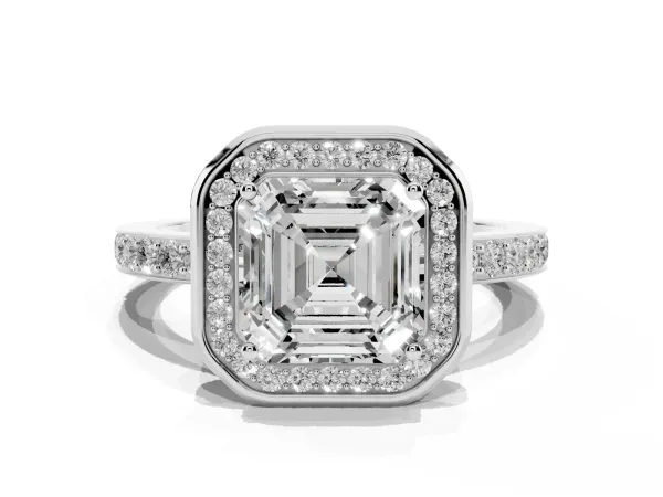 Asscher Cut Diamond Halo Ring with Bezel Frame and Pavé Band White gold