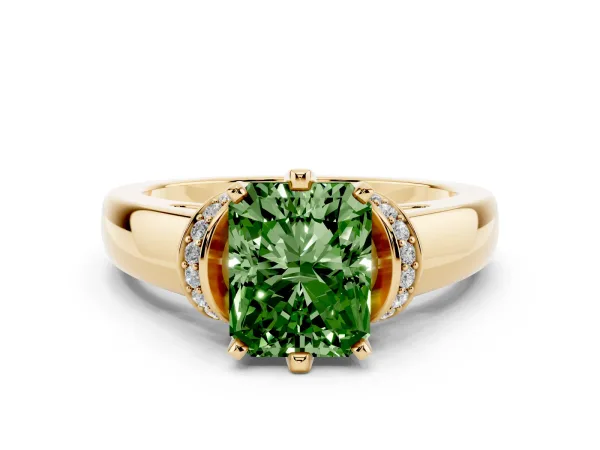 Fancy Green Radiant Cut Solitaire Diamond Ring with Pave Band and Six-Prong Setting Yellow gold