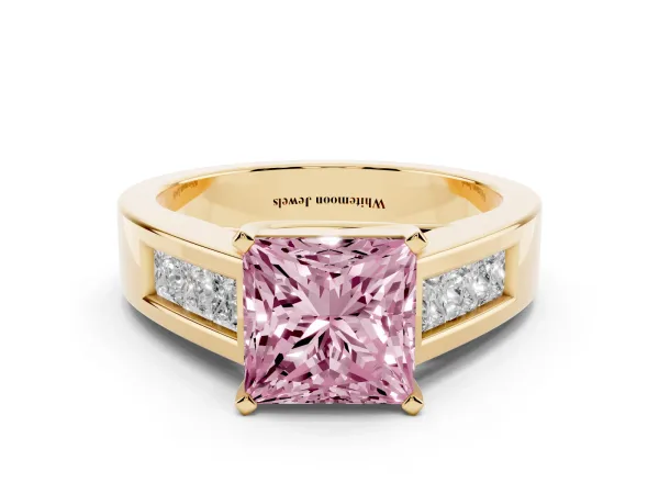Fancy Pink Princess Cut Cut Channel Set Solitaire Ring with Four-Prong Setting Yellow gold