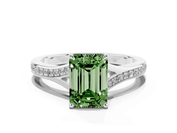 Fancy Green Emerald Cut Diamond Solitaire Ring with Pavé Band and Prong Setting Platinum