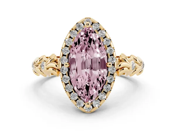 Fancy Pink Marquise Cut Diamond Halo Ring with Filigree Band and Prong Setting Yellow gold