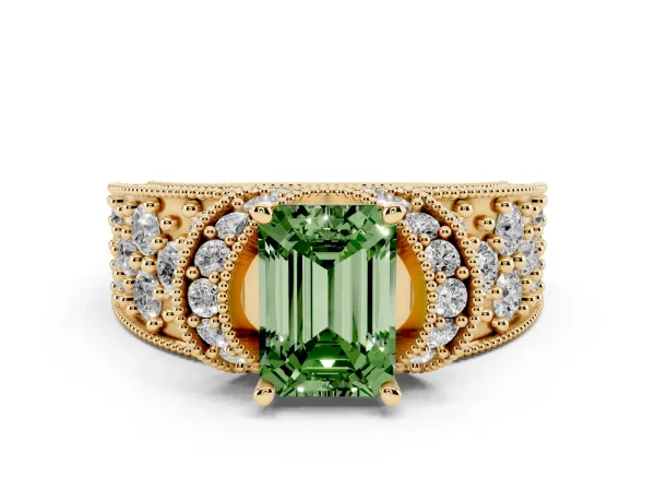 Fancy Green Emerald Cut Halo Pave Diamond Engagement Ring with Milgrain Detailing Yellow gold
