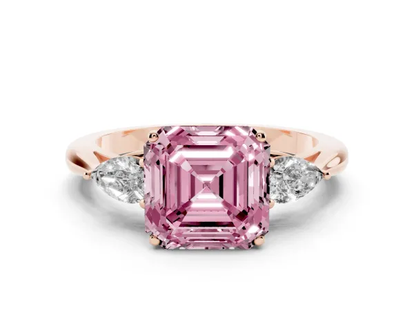 Fancy Pink Asscher Cut Diamond Three-Stone Ring with Pear Side Stones and Prong Setting Rose gold