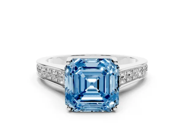 Fancy Blue Asscher Cut Brilliant Cut Diamond Engagement Ring with Pavé Band and Four-Prong Setting Platinum