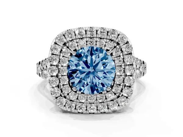 Fancy Blue Double Halo Round Cut Diamond Pavé Split Shank Ring with Prong Setting White gold
