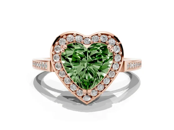 Fancy Green Heart Cut Diamond Halo Ring with Split Shank and Four-Prong Setting Rose gold