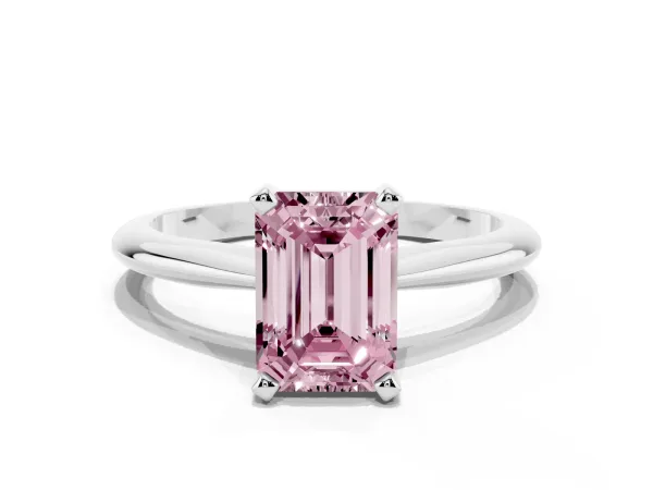 Fancy Pink Emerald Cut Cut Solitaire Ring with Four-Prong Setting on a Classic Band Platinum