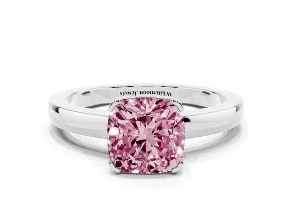 Fancy Pink Cushion Cut Cut Solitaire Ring with Four-Prong Setting and Classic Band Platinum