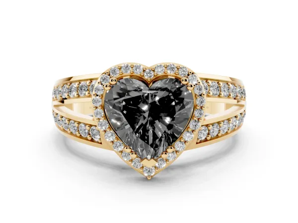 Fancy Black Heart Cut Diamond Halo Ring with Split Shank Pavé Band and Four-Prong Setting Yellow gold