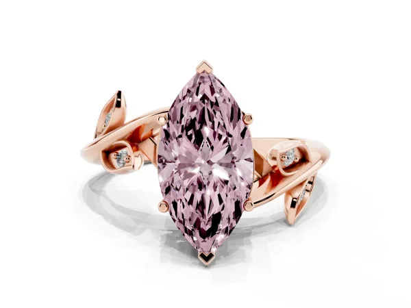 Fancy Pink Marquise Cut Solitaire Twist Engagement Ring with Leaf Accents and Prong Setting Rose gold