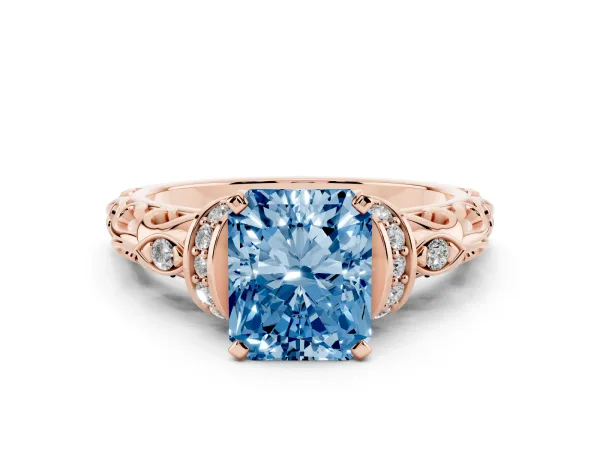 Fancy Blue Radiant Cut Diamond Solitaire Ring with Filigree Band and Four-Prong Setting Rose gold