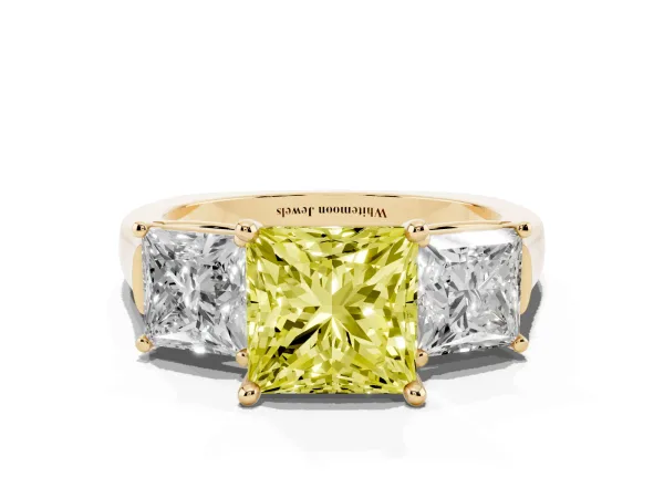 Fancy Yellow Three-Stone Princess Cut Brilliant Diamond Trellis Ring with Comfort Fit Band Yellow gold