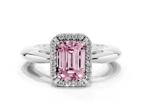Fancy Pink Emerald Cut Cut Diamond Halo Engagement Ring with Split Shank and Four-Prong Setting Platinum