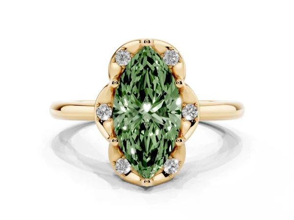 Fancy Green Marquise Cut Halo Diamond Ring with Round Cluster Setting, Solitaire Band, and Four-Prong Setting Yellow gold