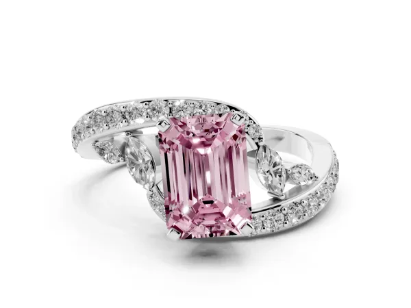 Fancy Pink Emerald Cut Solitaire with Pavé Twist Band and Four-Prong Setting Platinum