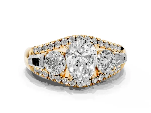Three-Stone Pear Cut Diamond Engagement Ring with Pave Band and Prong Setting Yellow gold