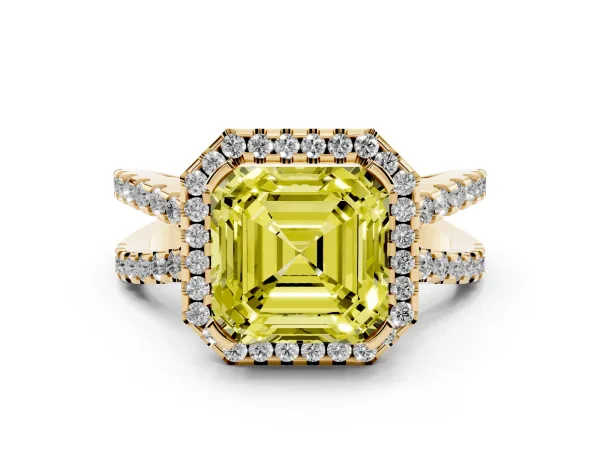 Fancy Yellow Asscher Cut Diamond Halo Ring with Split Shank Pavé Band and Prong Setting Yellow gold