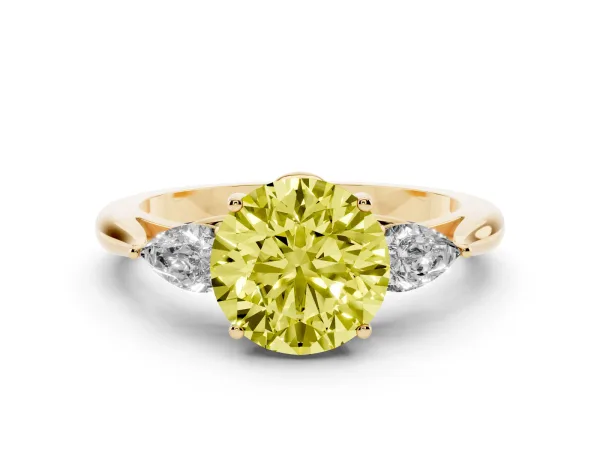 Fancy Yellow Round Cut Diamond Three-Stone Ring with Pear Side Stones and Prong Setting Yellow gold