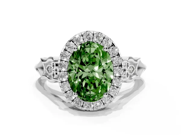Fancy Green Oval Cut Halo Diamond Engagement Ring with Filigree Band and Four-Prong Setting White gold
