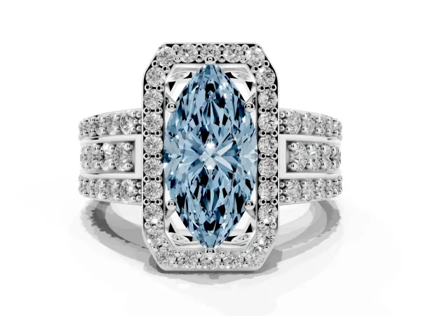 Fancy Blue Marquise Cut Halo Diamond Ring with Round Split Shank and Prong Setting Platinum