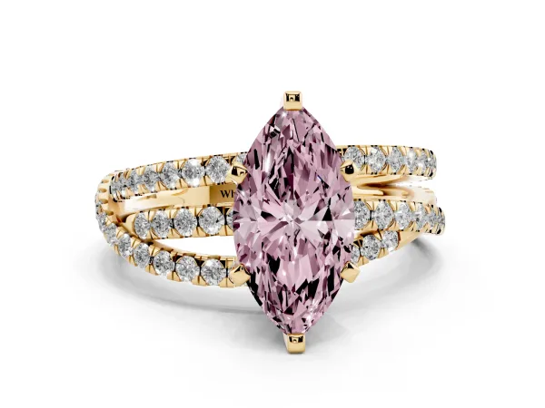 Fancy Pink Marquise Cut Solitaire Twist Band with Pavé Setting and Four-Prong Setting Yellow gold