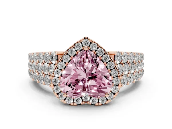 Fancy Pink Heart Cut Diamond Halo Engagement Ring with Triple Row Round Pavé Band and Prong Setting Rose gold