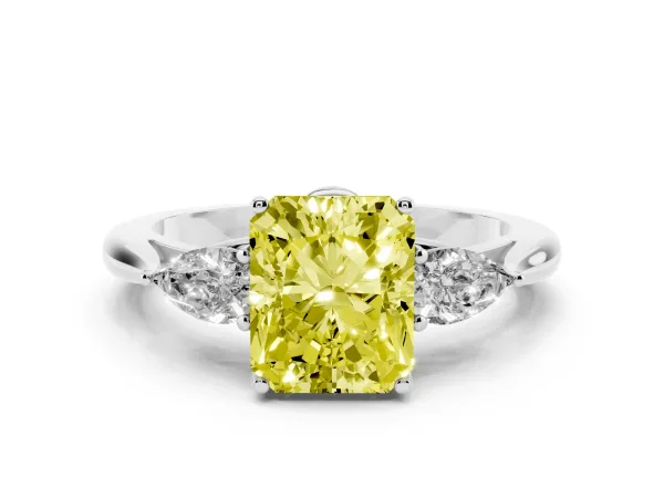 Fancy Yellow Three-Stone Radiant Cut Brilliant Diamond Solitaire Ring with Tapered Band and Four-Prong Setting White gold