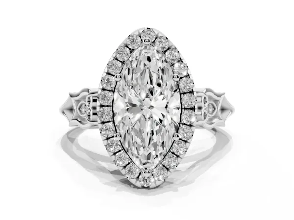 Marquise Cut Halo Diamond Engagement Ring with Filigree Band and Four-Prong Setting Platinum