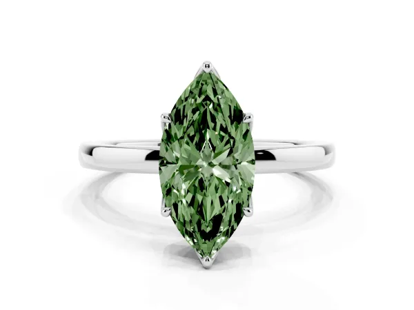 Fancy Green Marquise Cut Diamond Solitaire Ring with Thin Band and Prong Setting Platinum