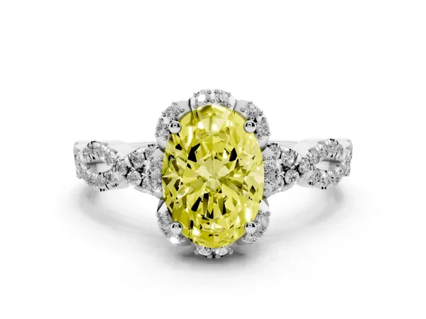 Fancy Yellow Oval Cut Halo Twist Band Solitaire Ring with Six-Prong Setting Platinum