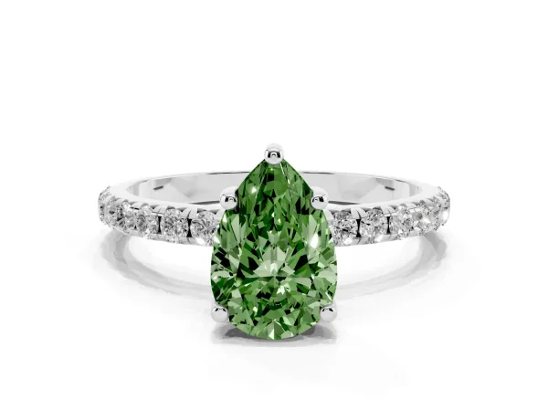 Fancy Green Pear Cut Cut Diamond Solitaire Ring with Micro Pave Band and Four Prong Setting White gold