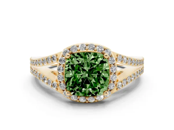 Fancy Green Cushion Cut Halo Split Shank Pave Diamond Ring with Four-Prong Setting Yellow gold