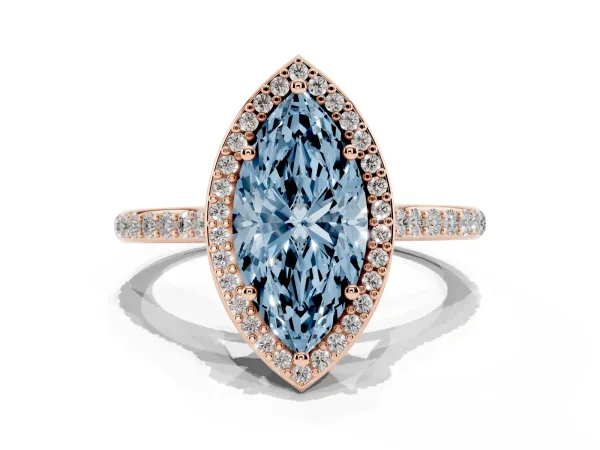 Fancy Blue Marquise Cut Diamond Halo Engagement Ring with Round Pavé Shoulders and Prong Setting Rose gold