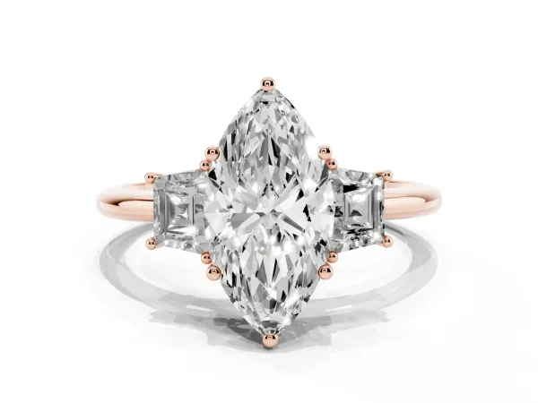 Marquise Cut Diamond Three-Stone Ring with Trapezoid Side Stones and Prong Setting Rose gold