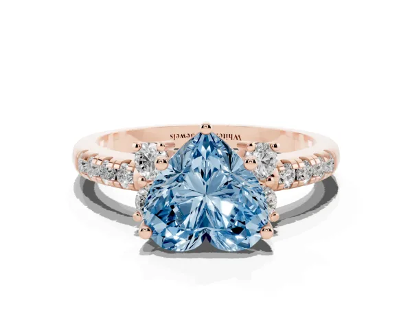 Fancy Blue Heart Cut Diamond Three-Stone Pave Band with Four-Prong Setting Rose gold