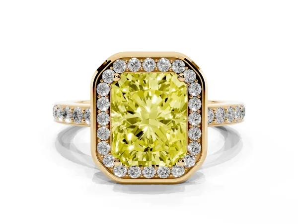 Fancy Yellow Radiant Cut Diamond Halo Ring with Bezel Frame and Pavé Band Yellow gold