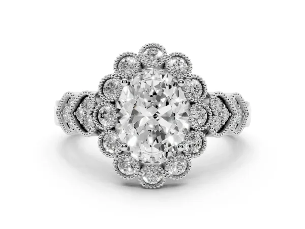Oval Cut Brilliant Milgrain Pave Heart Band Solitaire Ring White gold