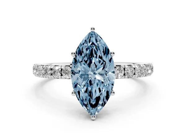 Fancy Blue Marquise Cut Diamond Pavé Solitaire Engagement Ring with Four-Prong Setting White gold