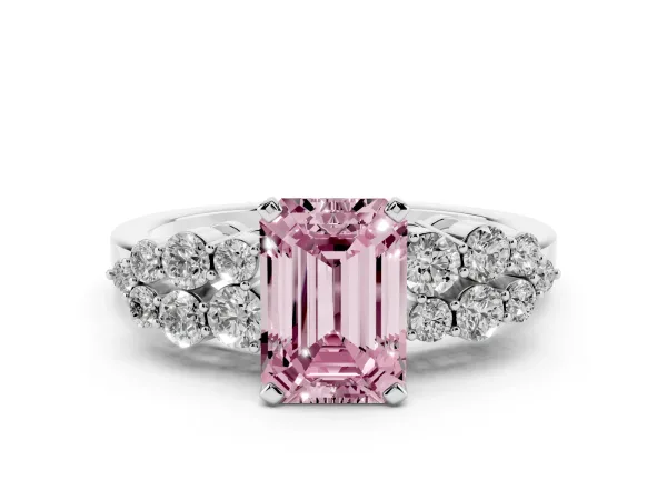 Fancy Pink Emerald Cut Cluster Diamond Engagement Ring with Pavé Band and Four-Prong Setting White gold