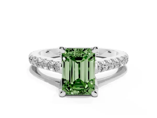 Fancy Green Emerald Cut Brilliant Diamond Solitaire with Pavé Band and Four-Prong Setting White gold