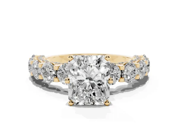 Radiant Cut Diamond Side Stone Engagement Ring with Four-Prong Setting Yellow gold