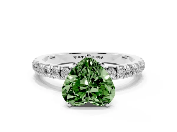 Fancy Green Heart Cut Diamond Solitaire Ring with Pavé Accents and Four-Prong Setting Platinum