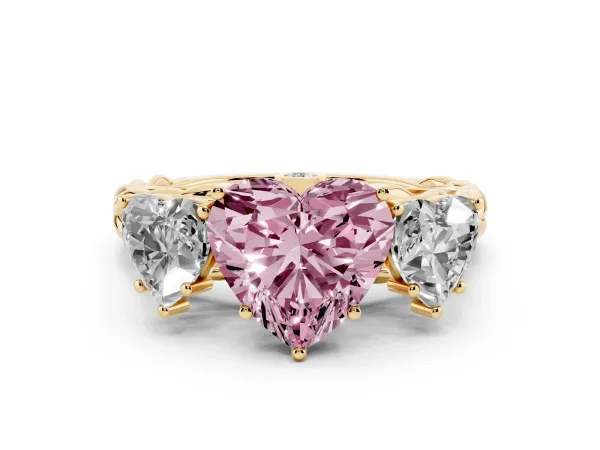 Fancy Pink Three-Stone Heart Cut Diamond Braided Band Ring with Four-Prong Setting Yellow gold